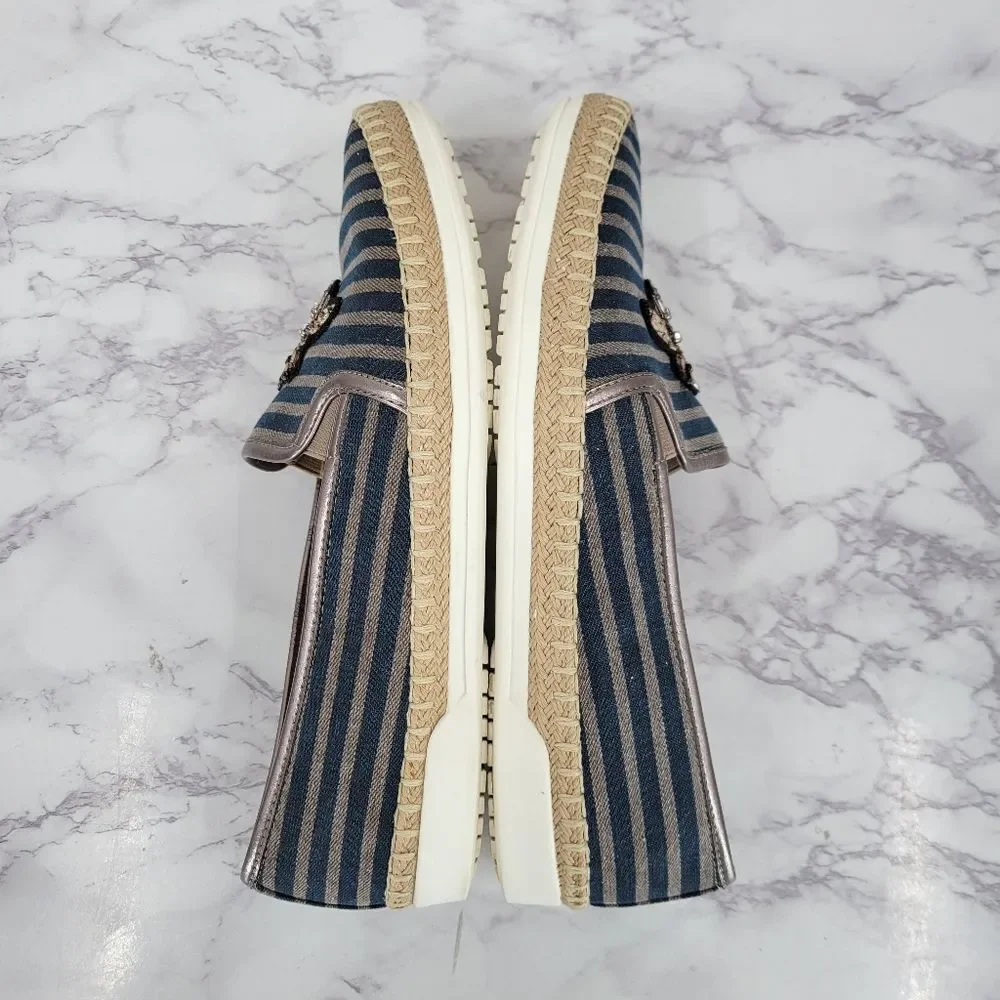 Anne Klein Stripe Blue Canvas Espadrilles with Bee Beaded Embroidery Flats Shoes